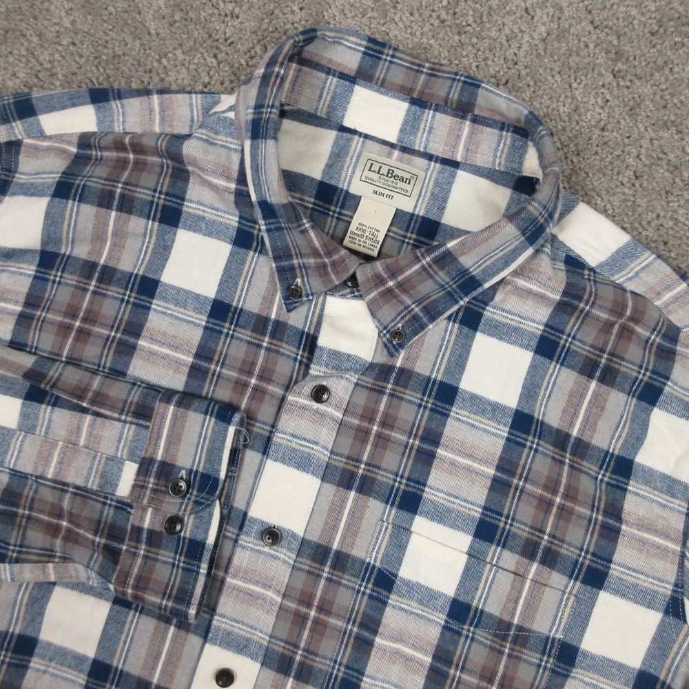 LL Bean Shirt Mens 3XL Tall Blue Gray Plaid Slim Fit Twill Flannel Button Up EUC